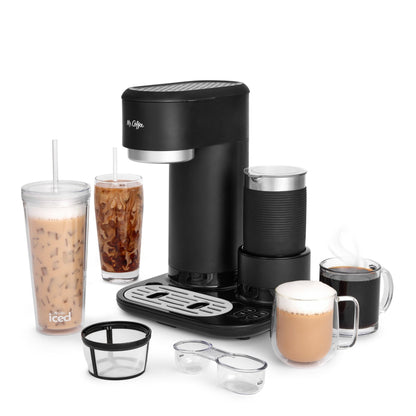 Mr. Coffee 4-in-1 Single Serve Coffee Maker with Milk Frother and Tumbler, Black