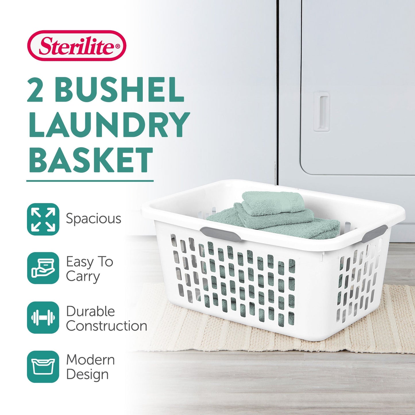 Sterilite Laundry Basket, 2 Bushel Plastic Hamper with Handles, White, 6 Pack