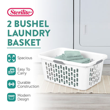 Sterilite Laundry Basket, 2 Bushel Plastic Hamper with Handles, White, 24 Pack