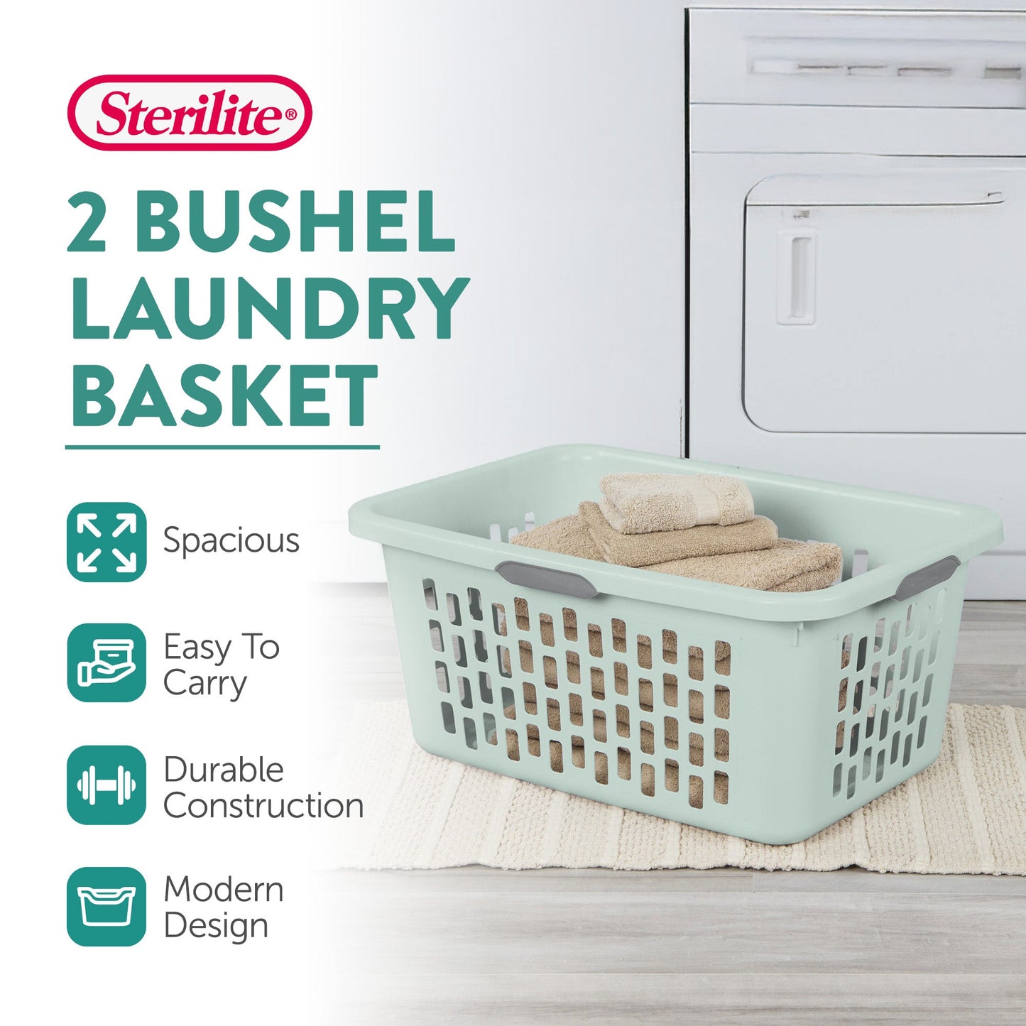Sterilite Laundry Basket, 2 Bushel Plastic Hamper with Handles, Mint, 24 Pack