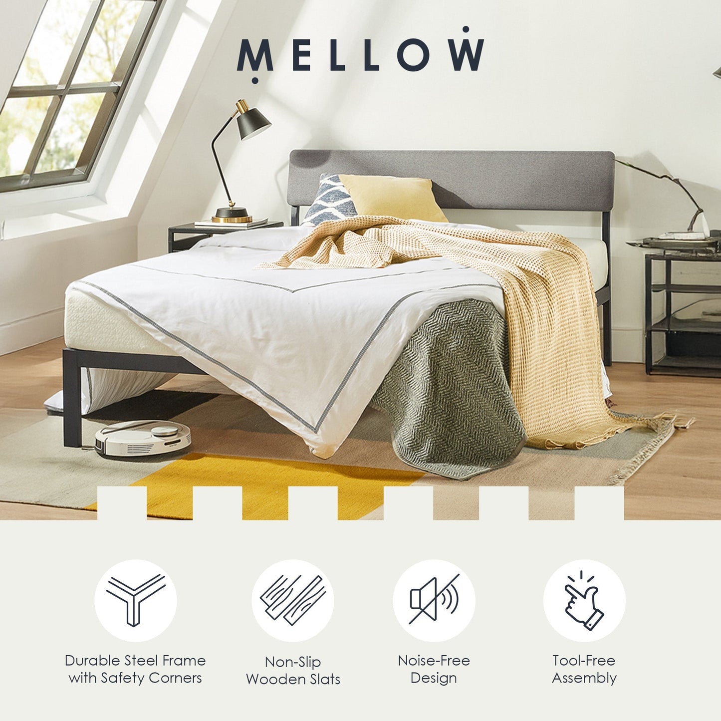 Mellow KERA Metal and Wood Platform Bed Frame with Angled Headboard, King, Black