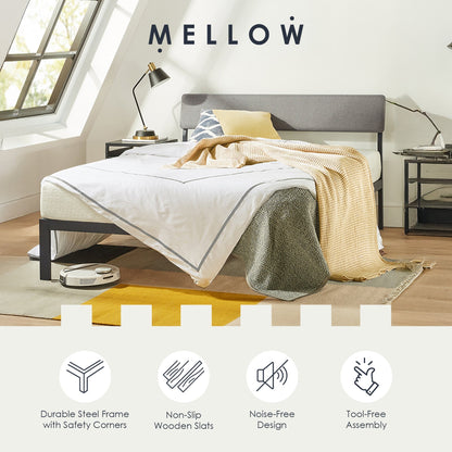 Mellow KERA Metal and Wood Platform Bed Frame with Angled Headboard, King, Black