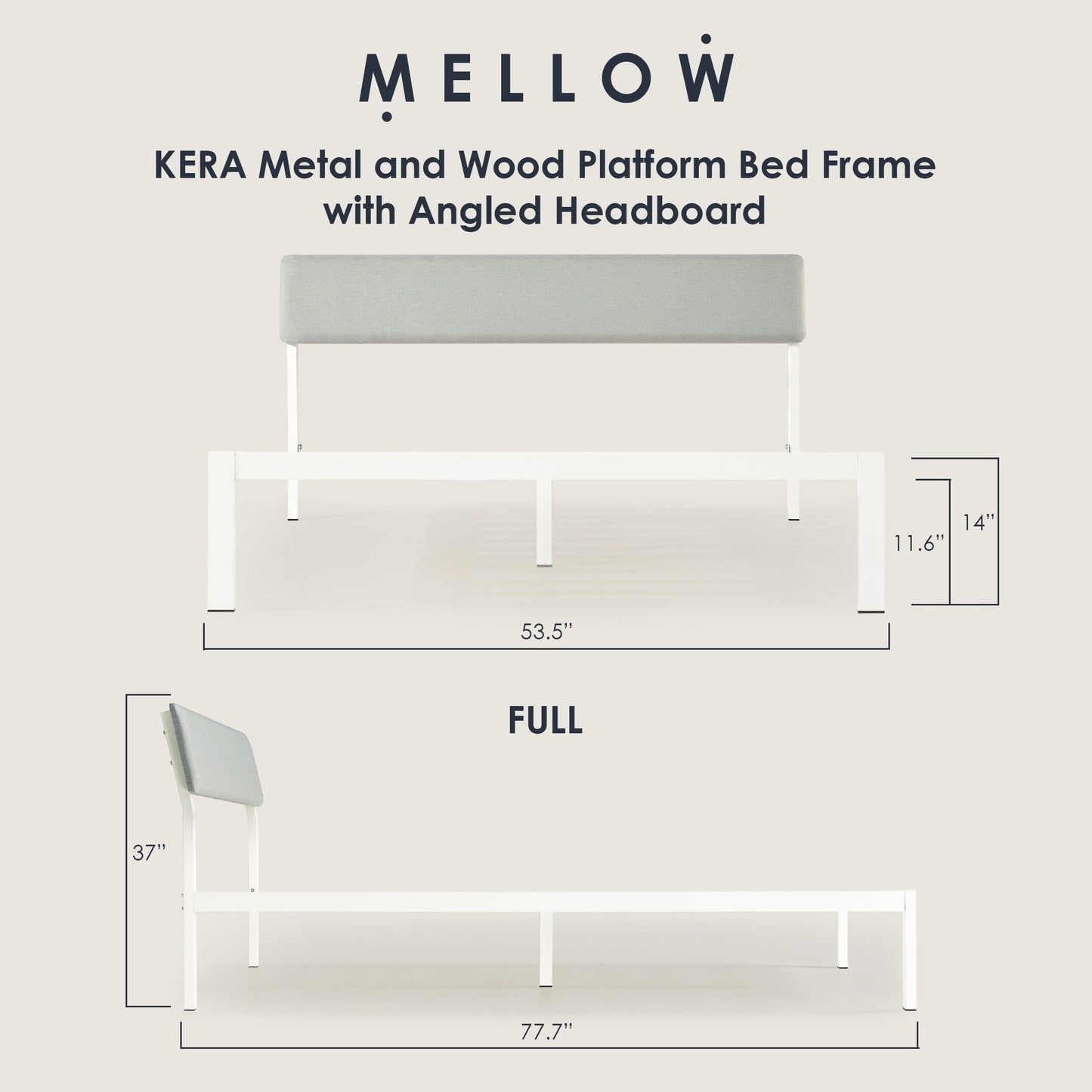 Mellow KERA Metal and Wood Platform Bed Frame with Angled Headboard, Full, White