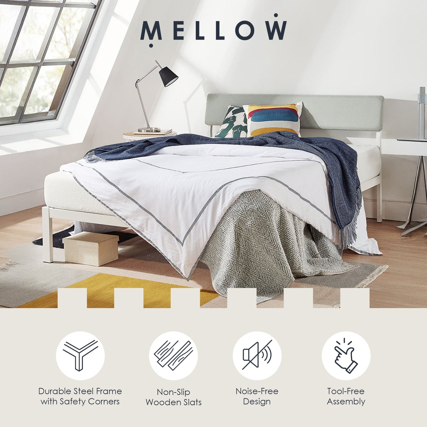 Mellow KERA Metal and Wood Platform Bed Frame with Angled Headboard, Full, White