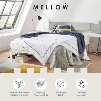 Mellow KERA Metal and Wood Platform Bed Frame with Angled Headboard, Full, White
