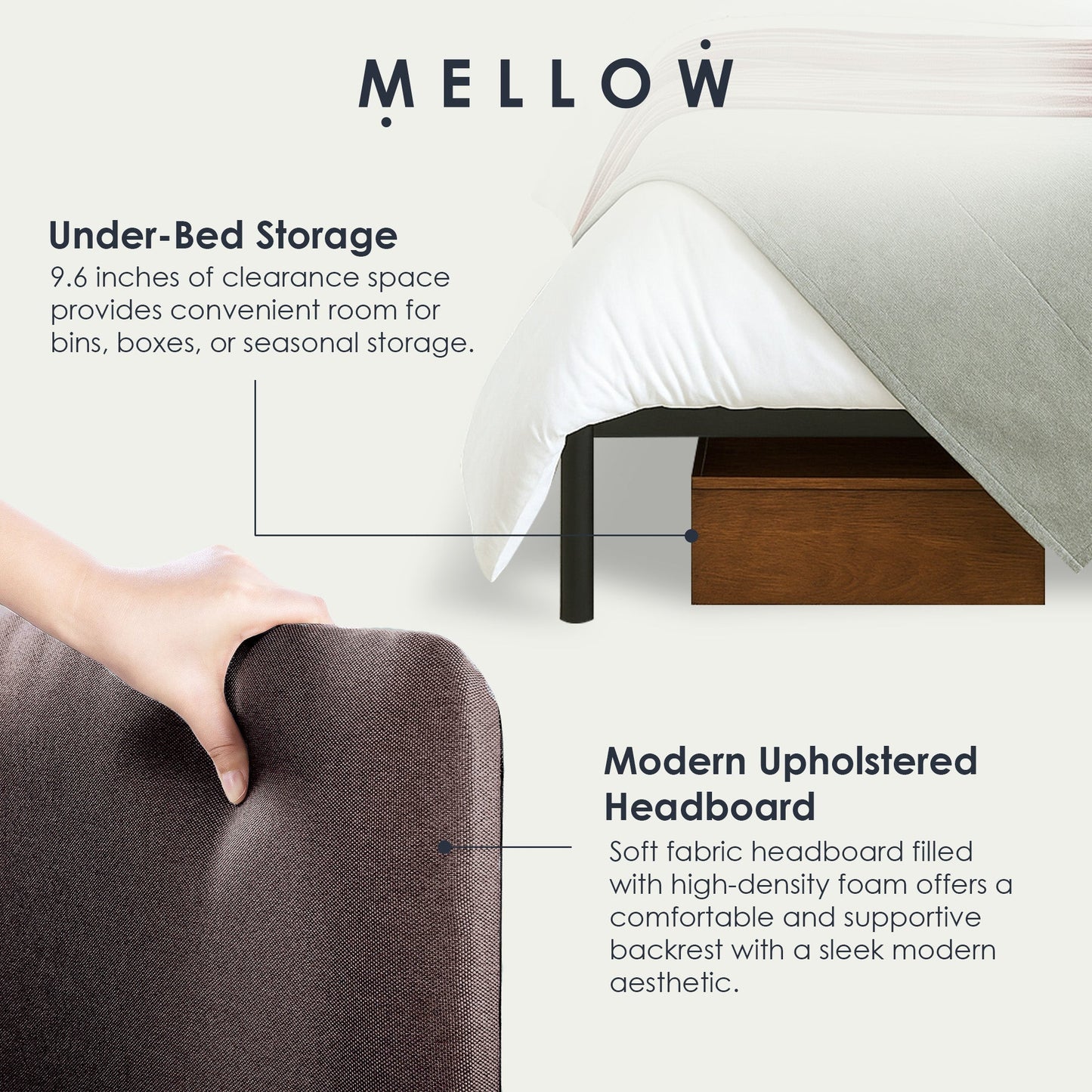 Mellow BREE Metal Platform Bed Frame with Curved Upholstered Backboard, King