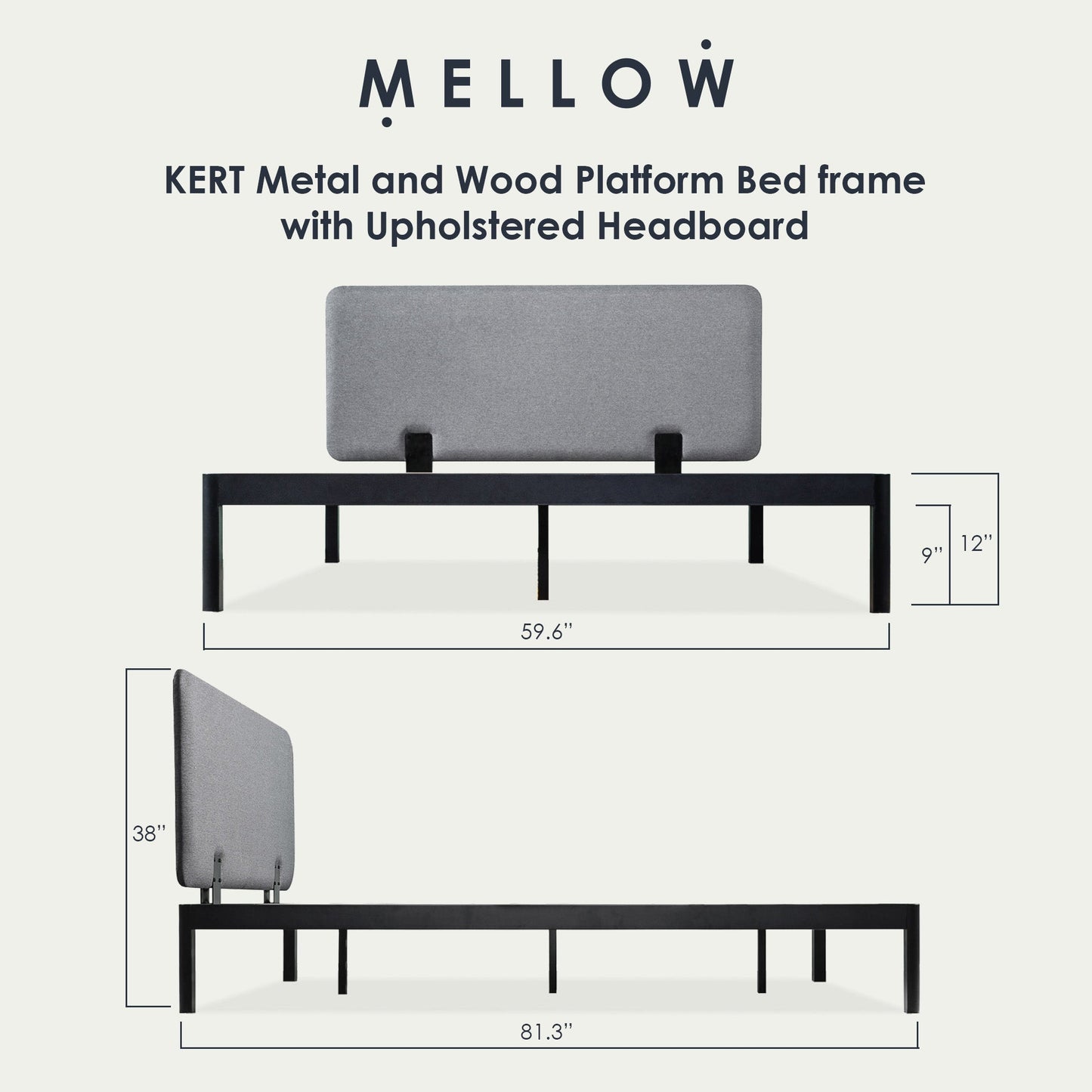 Mellow KERT Metal and Wood Platform Bed Frame with Upholstered Headboard, Queen