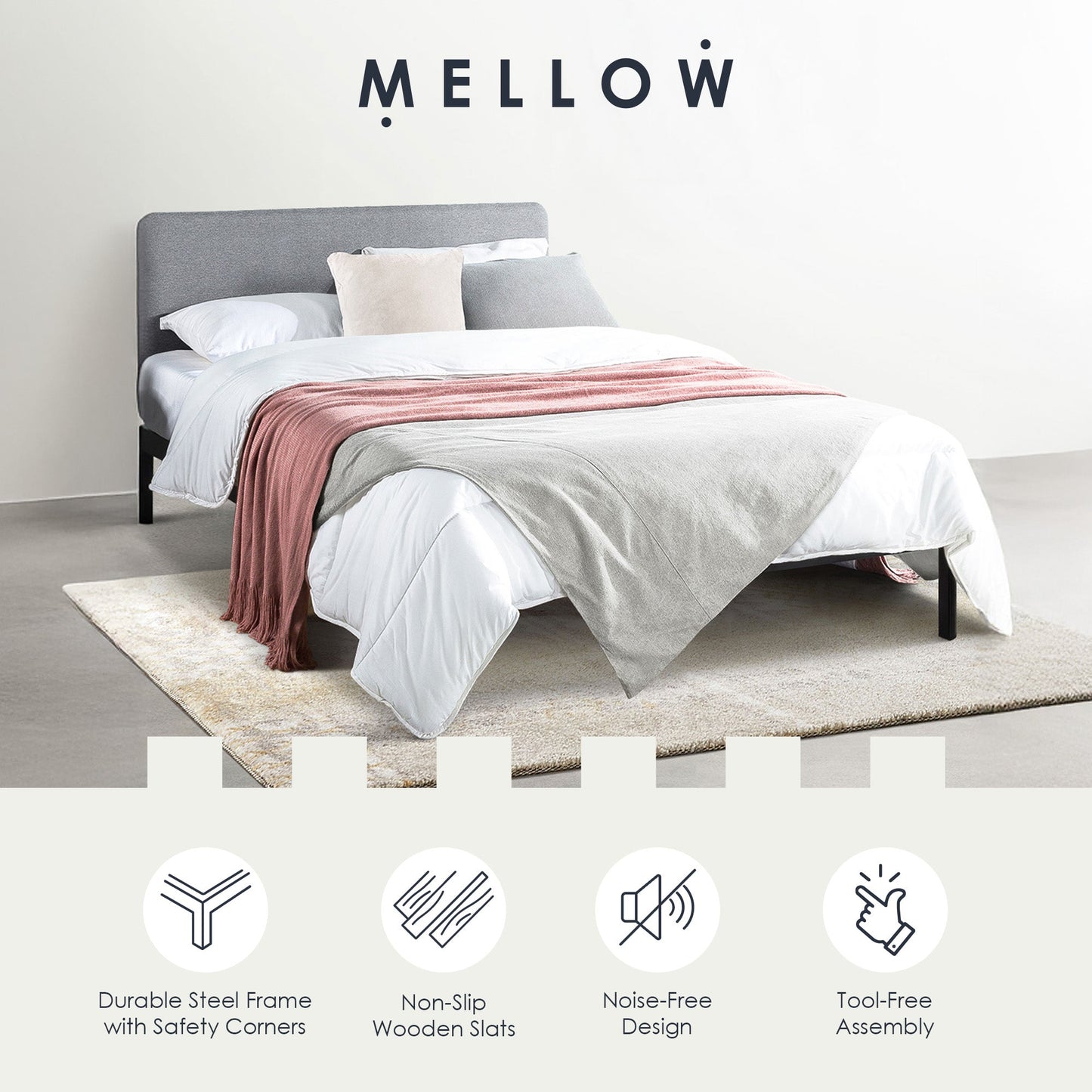 Mellow KERT Metal and Wood Platform Bed Frame with Upholstered Headboard, Queen