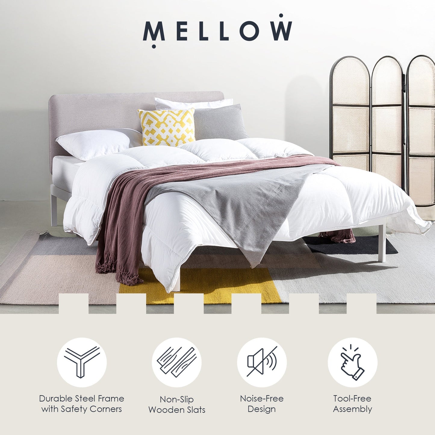 Mellow KERT Metal and Wood Platform Bed Frame with Upholstered Headboard, Full