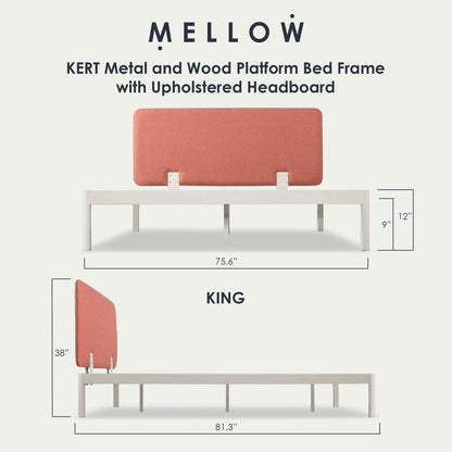 Mellow KERT Metal and Wood Platform Bed Frame with Upholstered Headboard, King