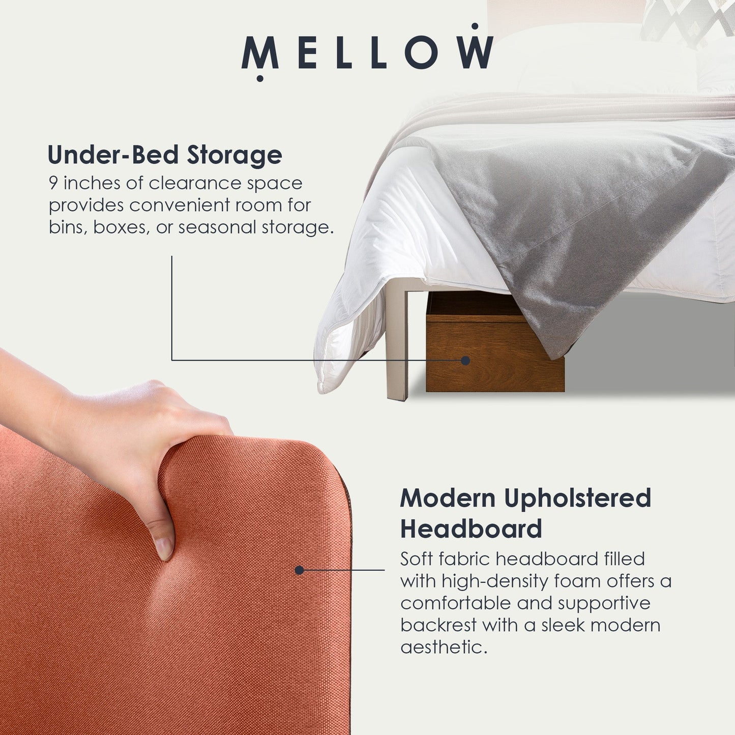 Mellow KERT Metal and Wood Platform Bed Frame with Upholstered Headboard, King