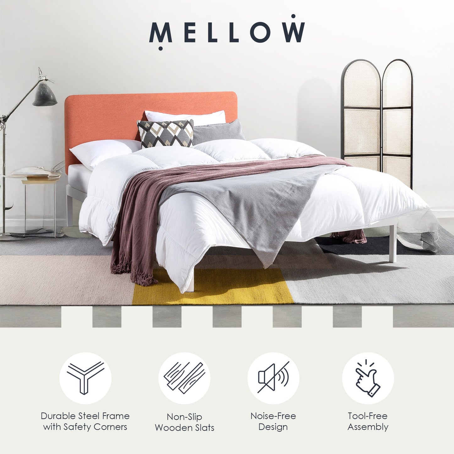 Mellow KERT Metal and Wood Platform Bed Frame with Upholstered Headboard, King