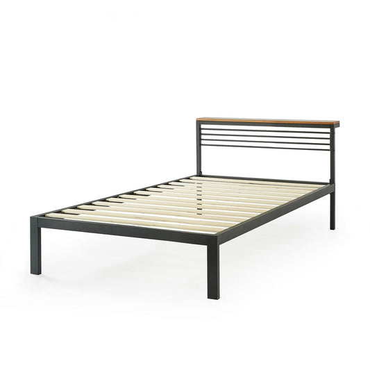 Mellow HYLLE Metal & Wood Platform Bed Frame with Low Headboard Shelf, Twin