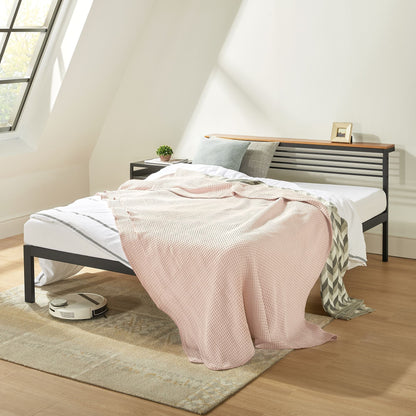 Mellow HYLLE Metal & Wood Platform Bed Frame with Low Headboard Shelf, Twin