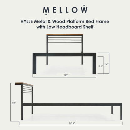 Mellow HYLLE Metal & Wood Platform Bed Frame with Low Headboard Shelf, Twin