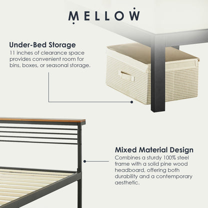 Mellow HYLLE Metal & Wood Platform Bed Frame with Low Headboard Shelf, Twin