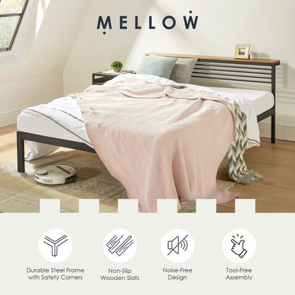 Mellow HYLLE Metal & Wood Platform Bed Frame with Low Headboard Shelf, Twin
