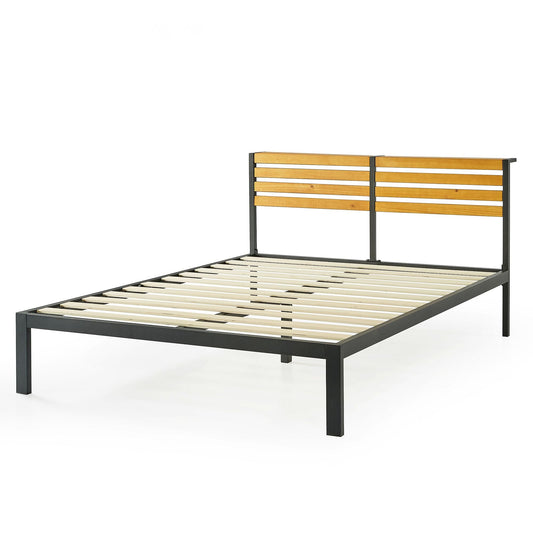 Mellow KASI Metal & Wood Platform Bed Frame with Built-In Headboard Shelf, King