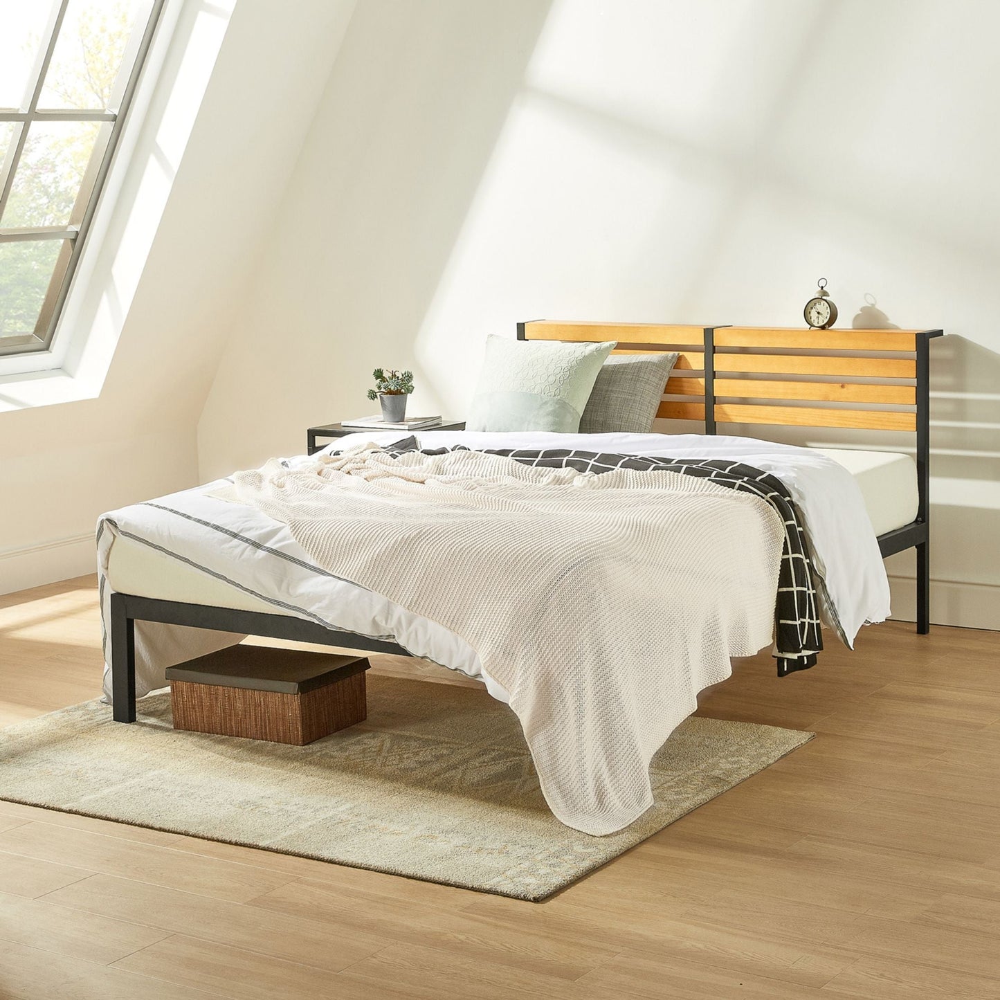 Mellow KASI Metal & Wood Platform Bed Frame with Built-In Headboard Shelf, King