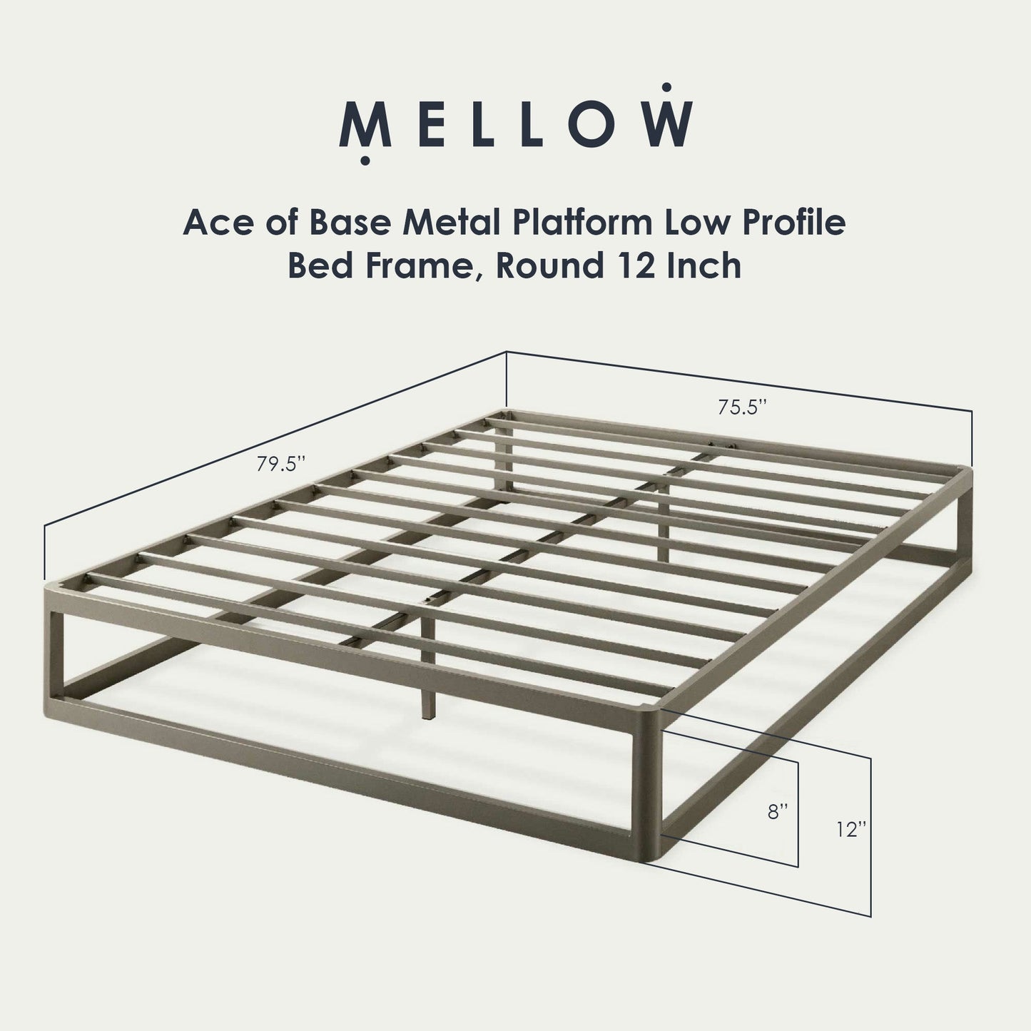 Mellow Ace of Base Metal Platform Low Profile Bed Frame, Round 12 Inch, King