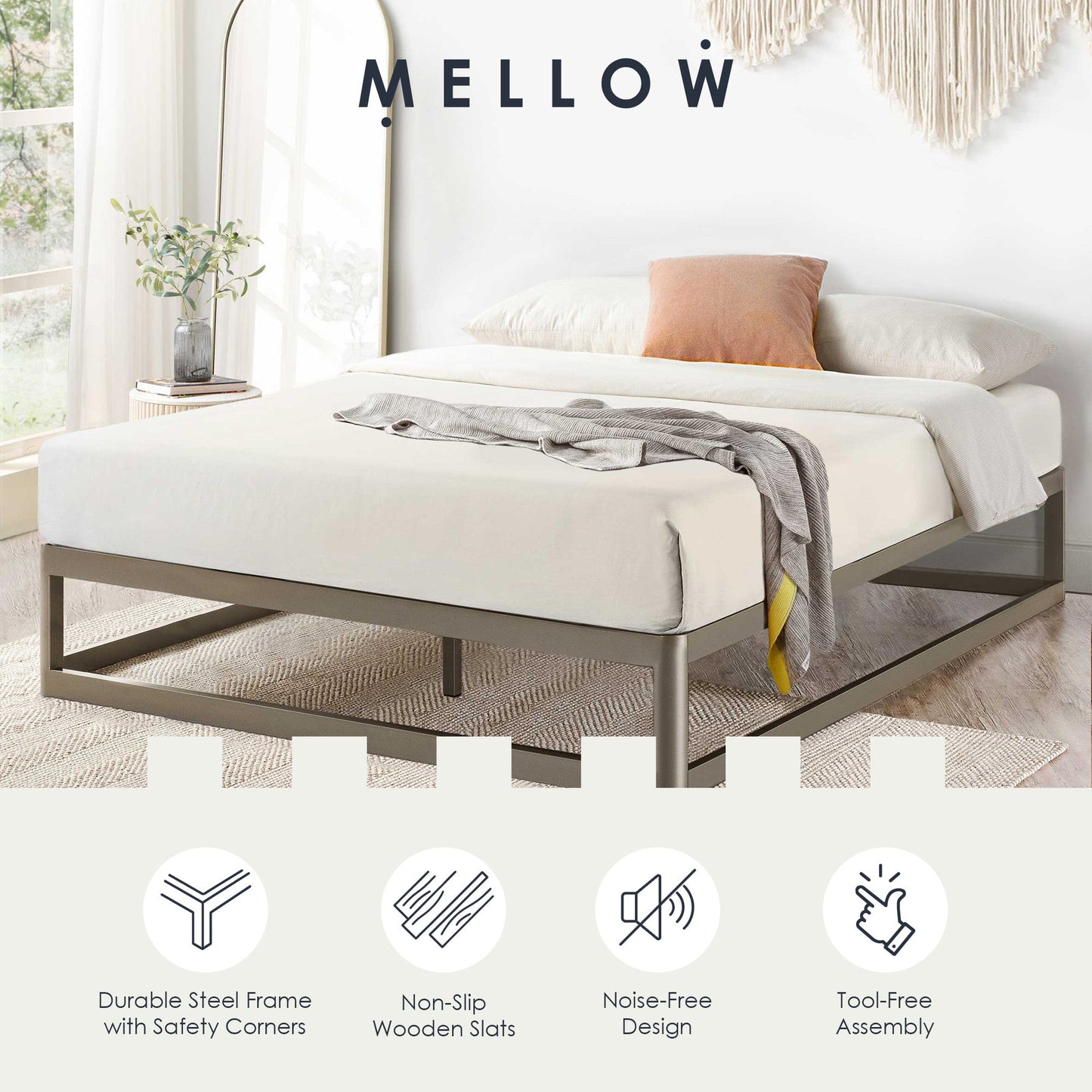 Mellow Ace of Base Metal Platform Low Profile Bed Frame, Round 12 Inch, King