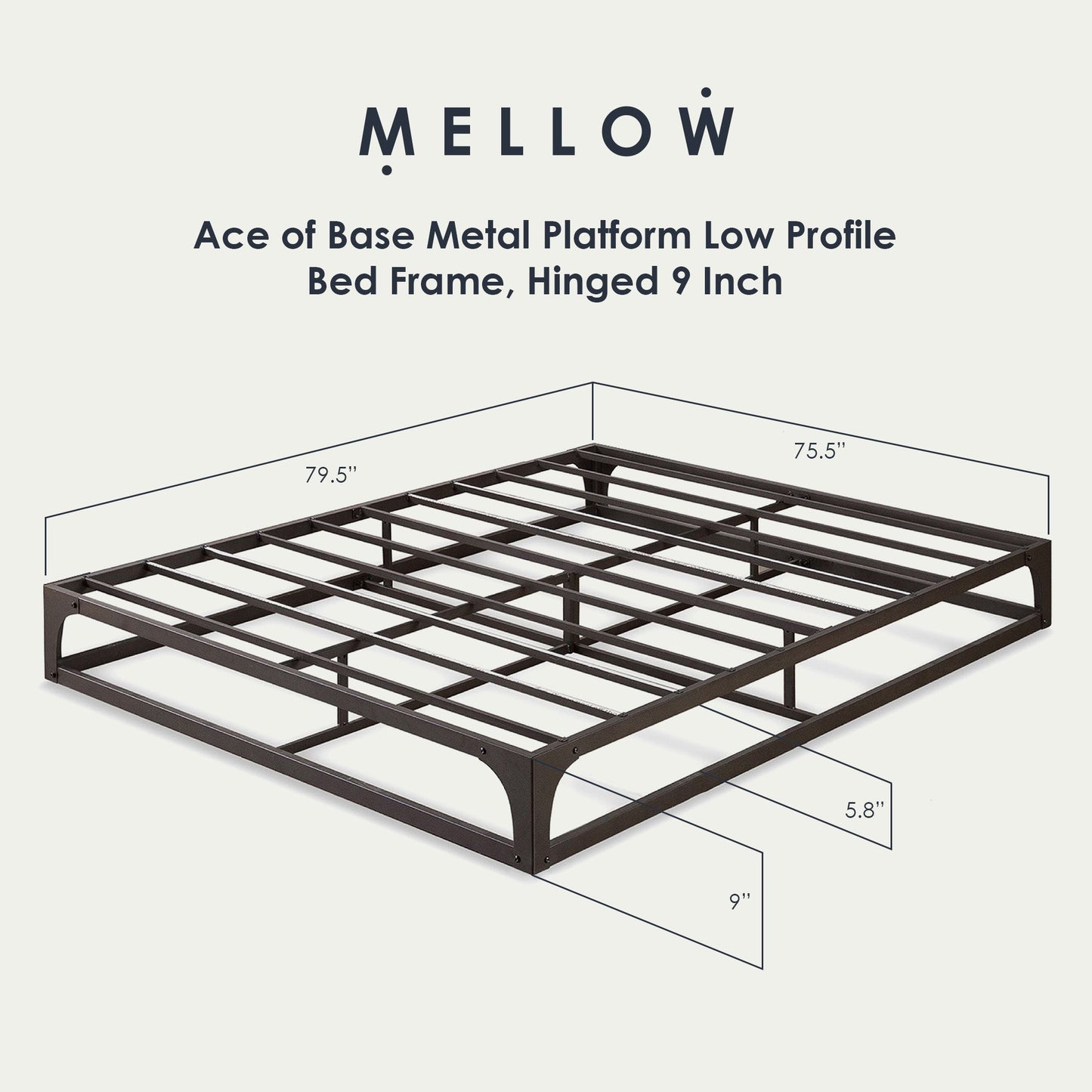 Mellow Ace of Base Metal Platform Low Profile Bed Frame, Hinged 9 Inch, King