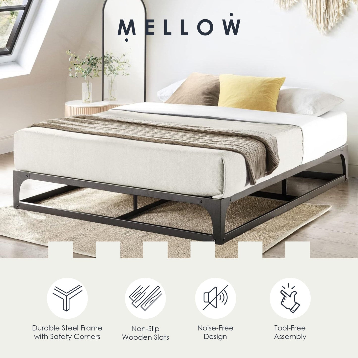 Mellow Ace of Base Metal Platform Low Profile Bed Frame, Hinged 9 Inch, King