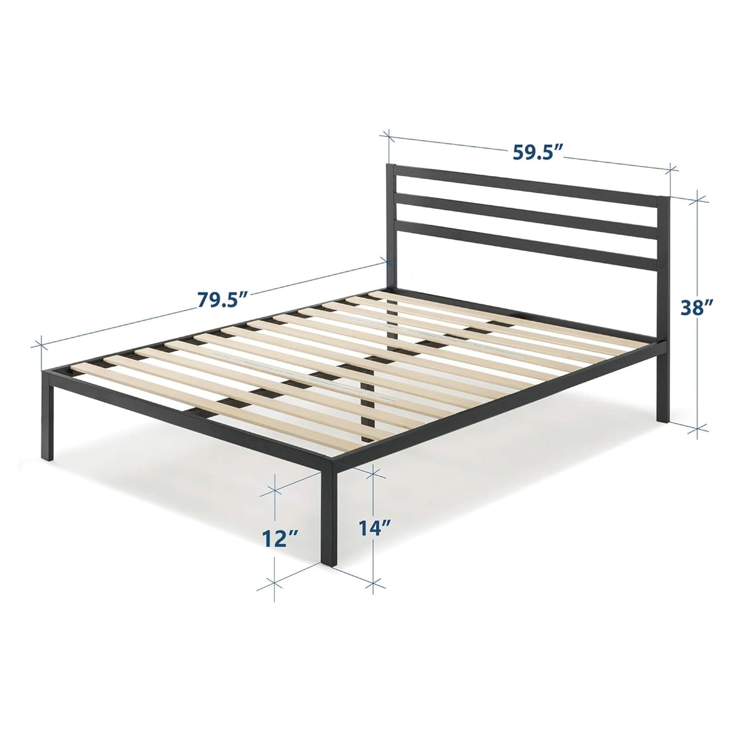 Mellow 14-Inch Metal Platform Bed with Headboard and Slat Support, Queen, Black