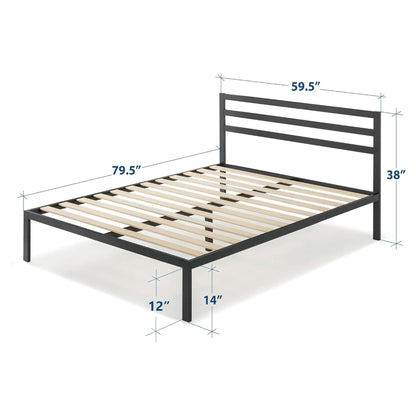 Mellow 14-Inch Metal Platform Bed with Headboard and Slat Support, Queen, Black