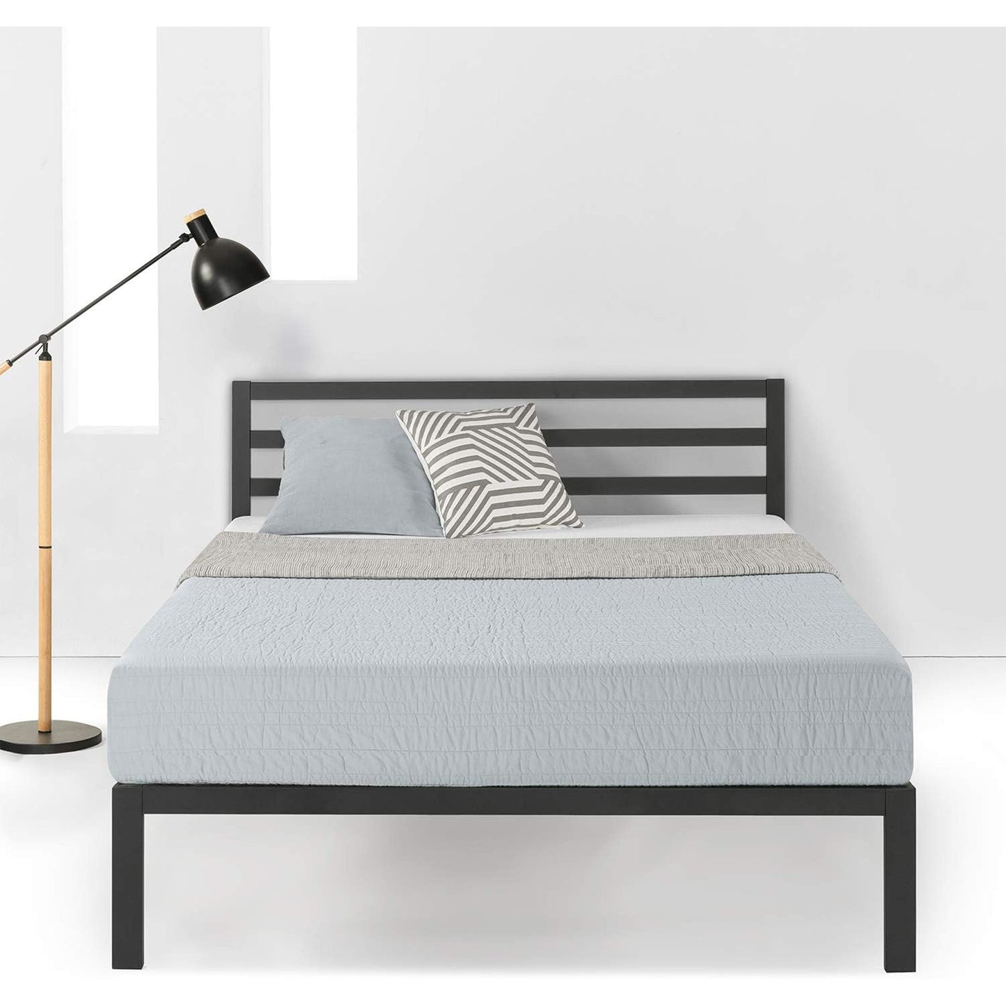 Mellow 14-Inch Metal Platform Bed with Headboard and Slat Support, Queen, Black