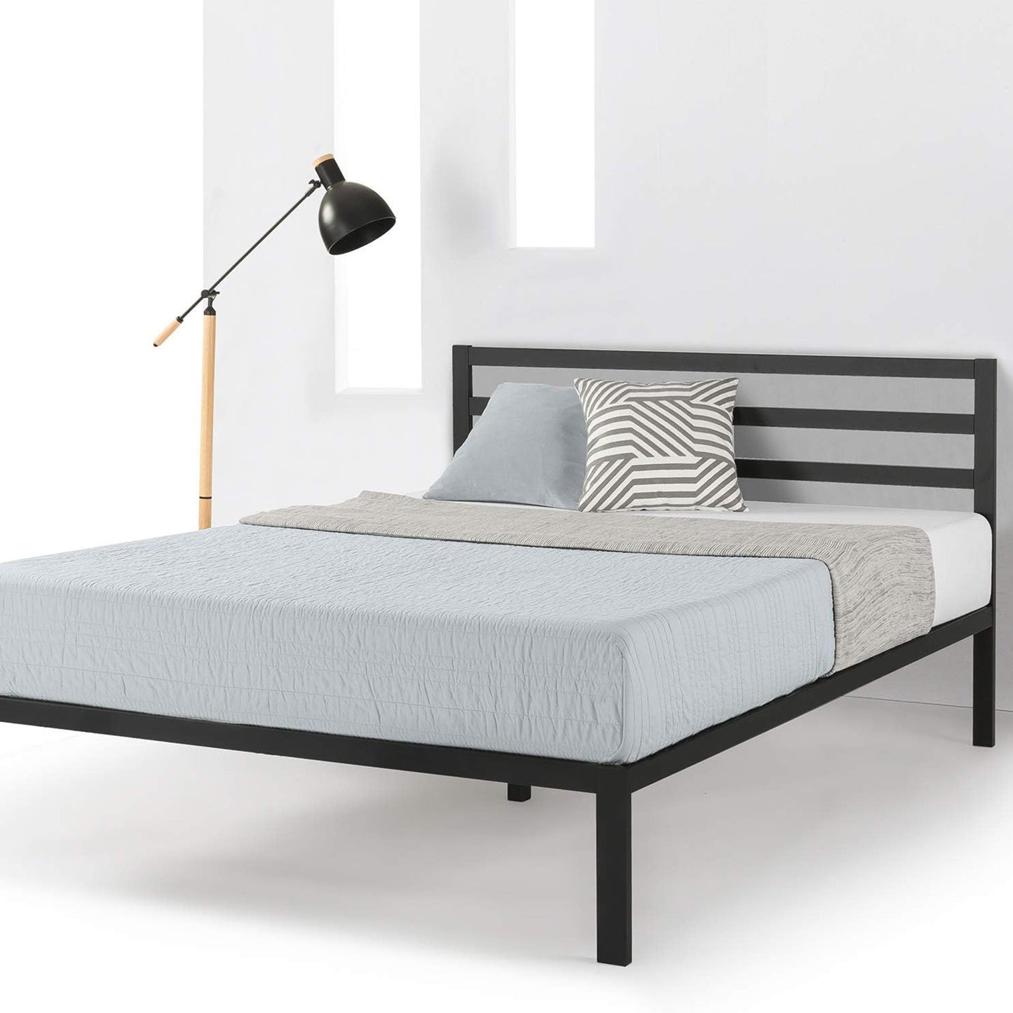 Mellow 14-Inch Metal Platform Bed with Headboard and Slat Support, Queen, Black