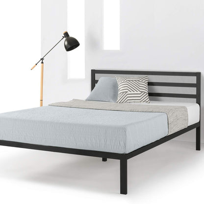 Mellow 14-Inch Metal Platform Bed with Headboard and Slat Support, Queen, Black