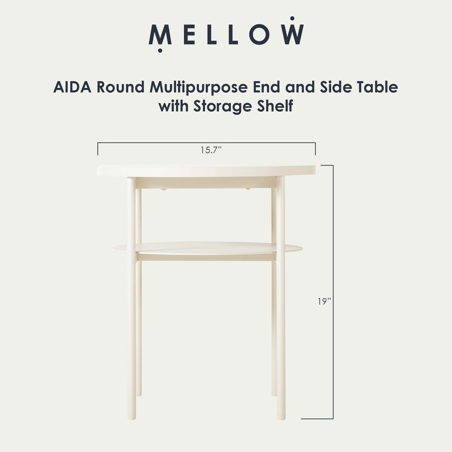 Mellow AIDA Round Multipurpose End and Side Table with Storage Shelf, Beige