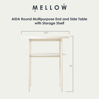 Mellow AIDA Round Multipurpose End and Side Table with Storage Shelf, Beige