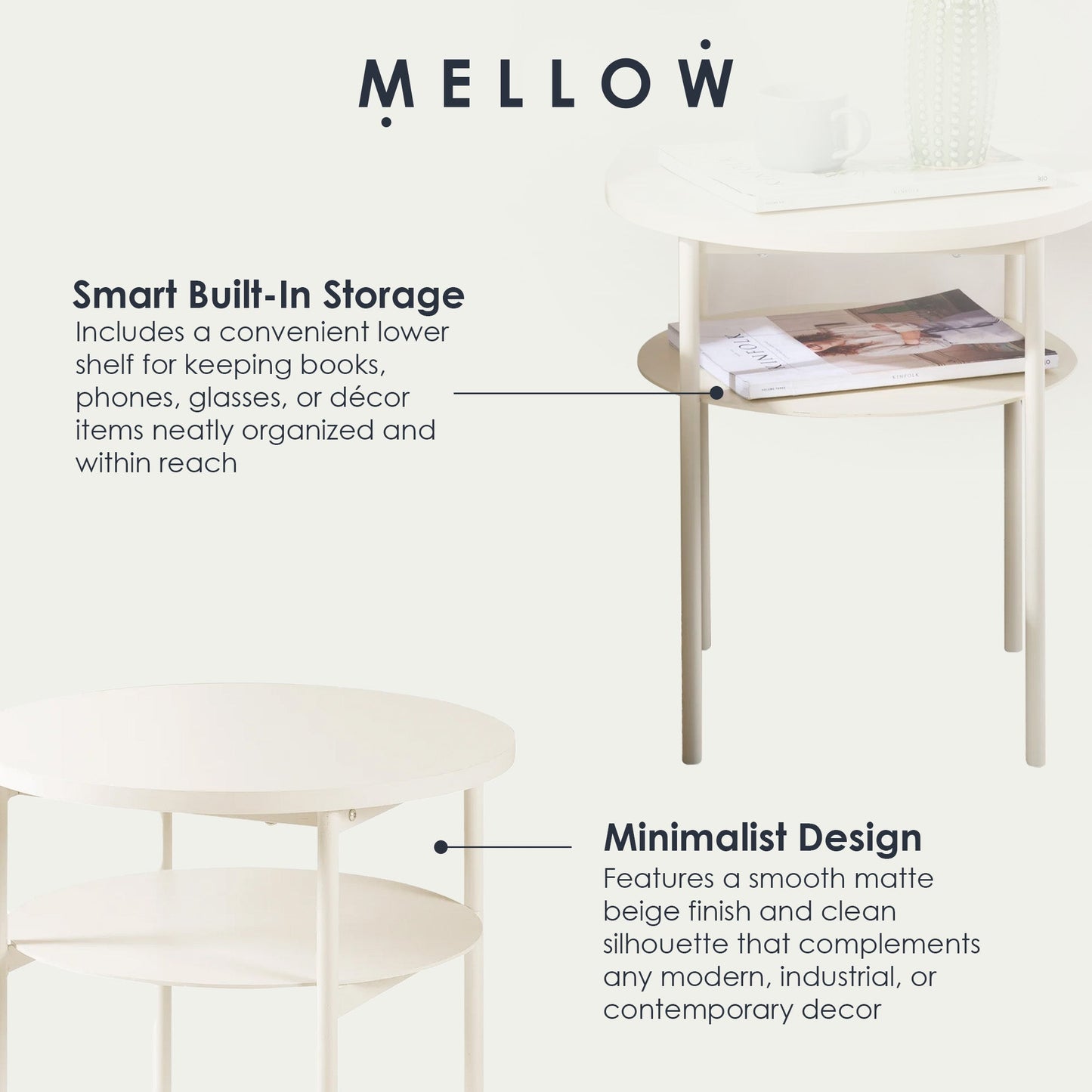 Mellow AIDA Round Multipurpose End and Side Table with Storage Shelf, Beige