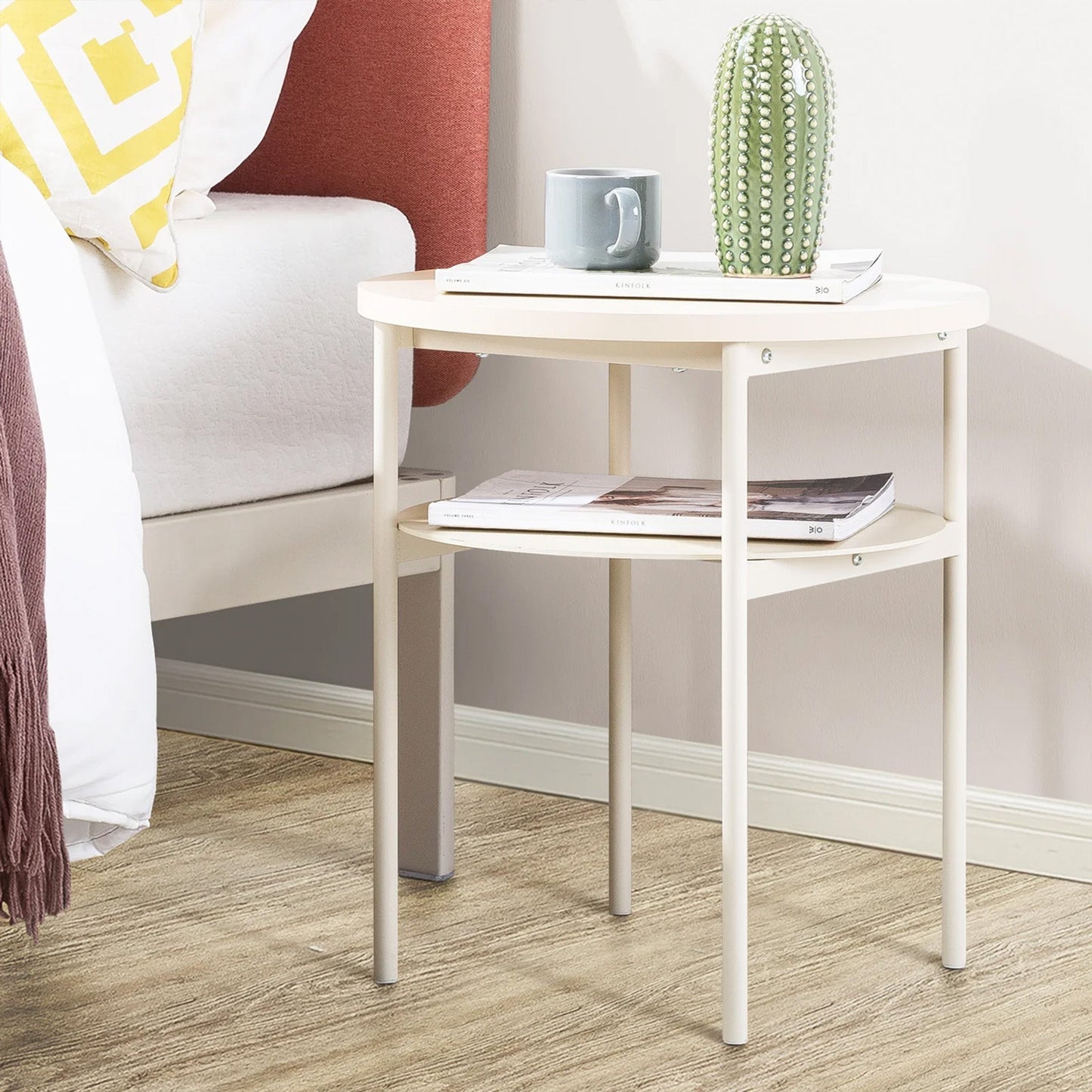 Mellow AIDA Round Multipurpose End and Side Table with Storage Shelf, Beige
