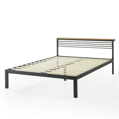 Mellow HYLLE Metal & Wood Platform Bed Frame with Low Headboard Shelf, Full