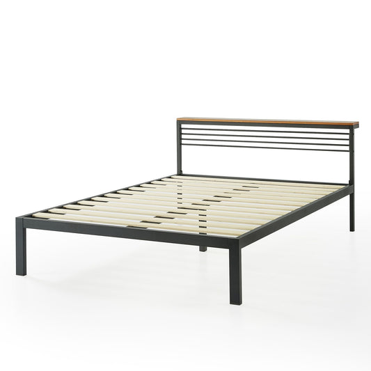 Mellow HYLLE Metal & Wood Platform Bed Frame with Low Headboard Shelf, Full