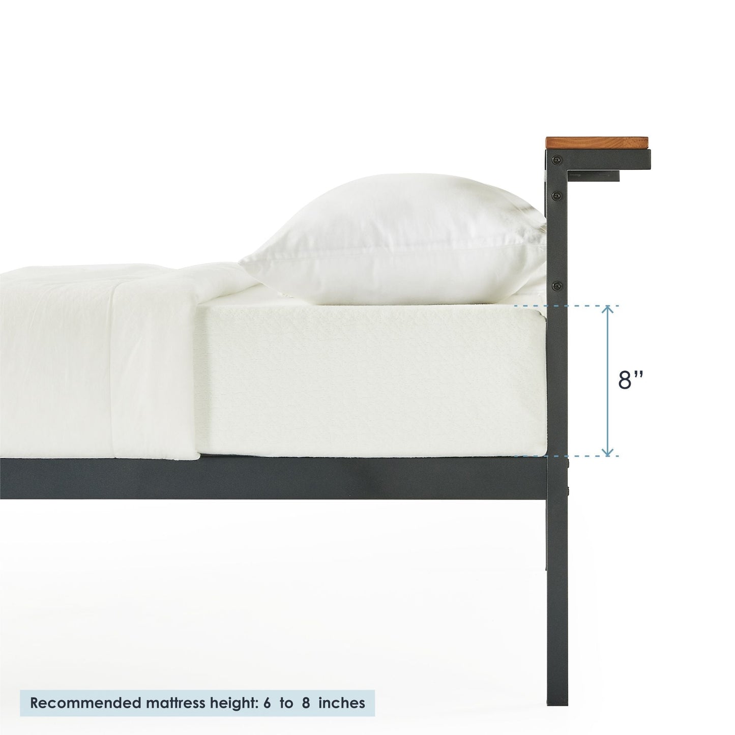 Mellow HYLLE Metal & Wood Platform Bed Frame with Low Headboard Shelf, Full