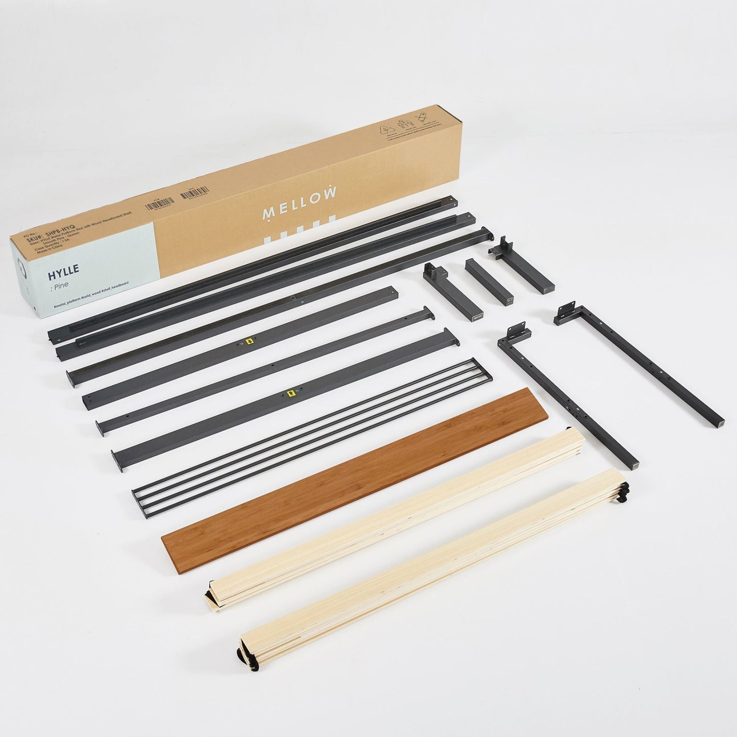 Mellow HYLLE Metal & Wood Platform Bed Frame with Low Headboard Shelf, Full