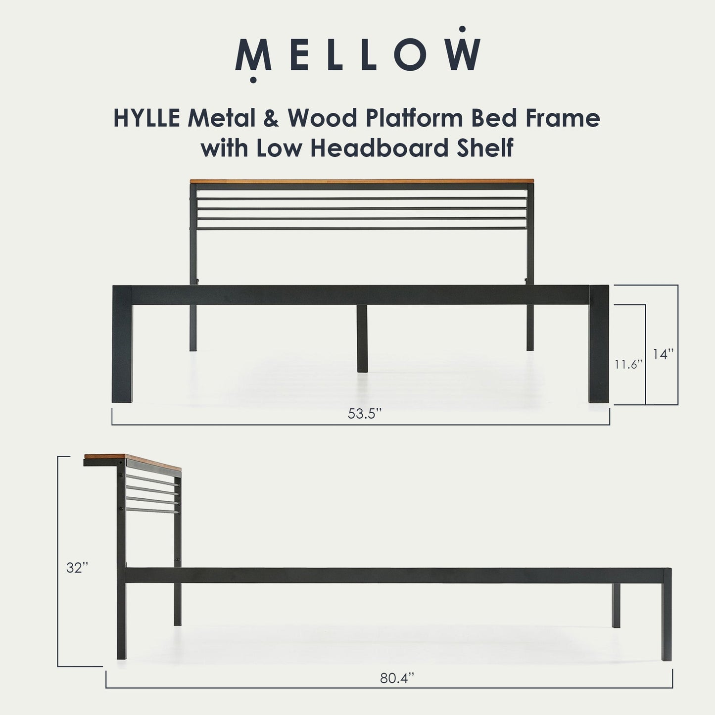 Mellow HYLLE Metal & Wood Platform Bed Frame with Low Headboard Shelf, Full