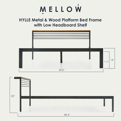 Mellow HYLLE Metal & Wood Platform Bed Frame with Low Headboard Shelf, Full