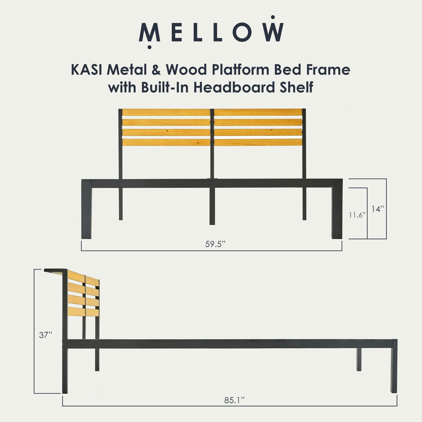 Mellow KASI Metal & Wood Platform Bed Frame with Built-In Headboard Shelf, Queen