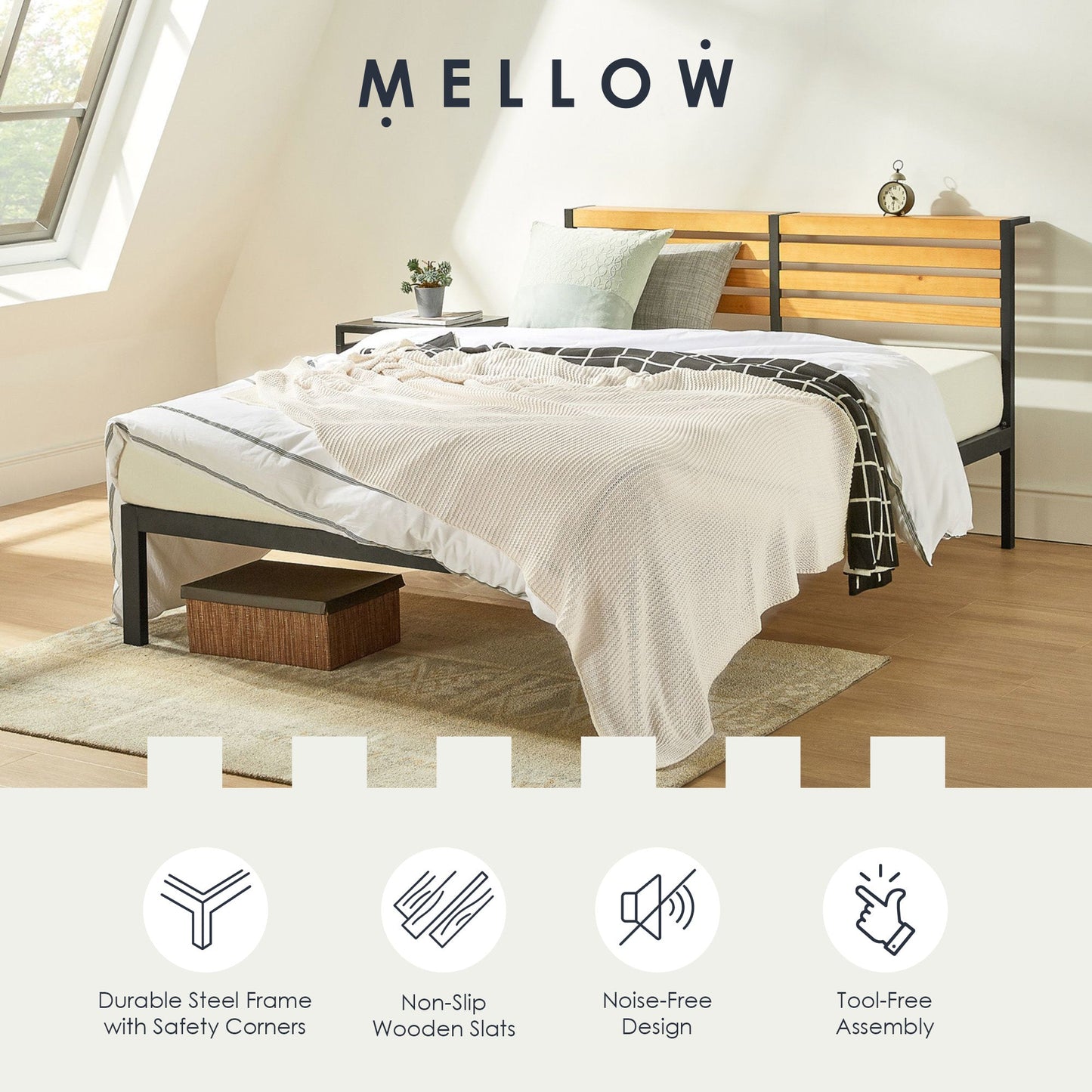 Mellow KASI Metal & Wood Platform Bed Frame with Built-In Headboard Shelf, Queen