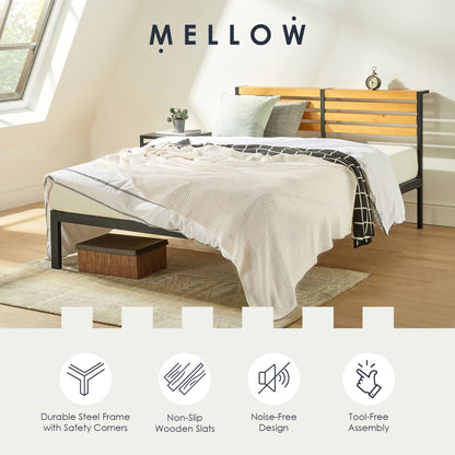Mellow KASI Metal & Wood Platform Bed Frame with Built-In Headboard Shelf, Queen