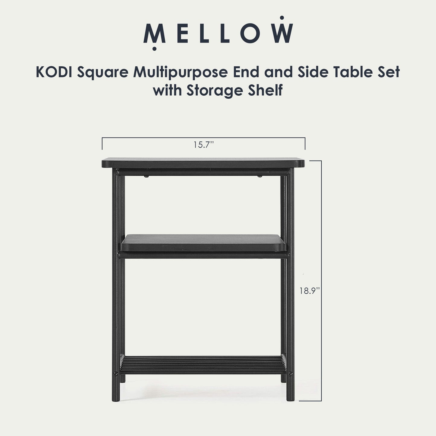 Mellow KODI Square Multipurpose End and Side Table Set with Storage Shelf, Black