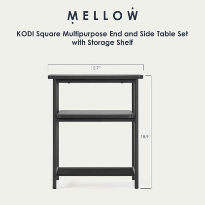 Mellow KODI Square Multipurpose End and Side Table Set with Storage Shelf, Black