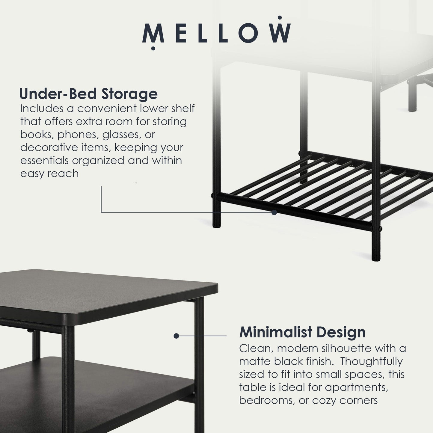 Mellow KODI Square Multipurpose End and Side Table Set with Storage Shelf, Black