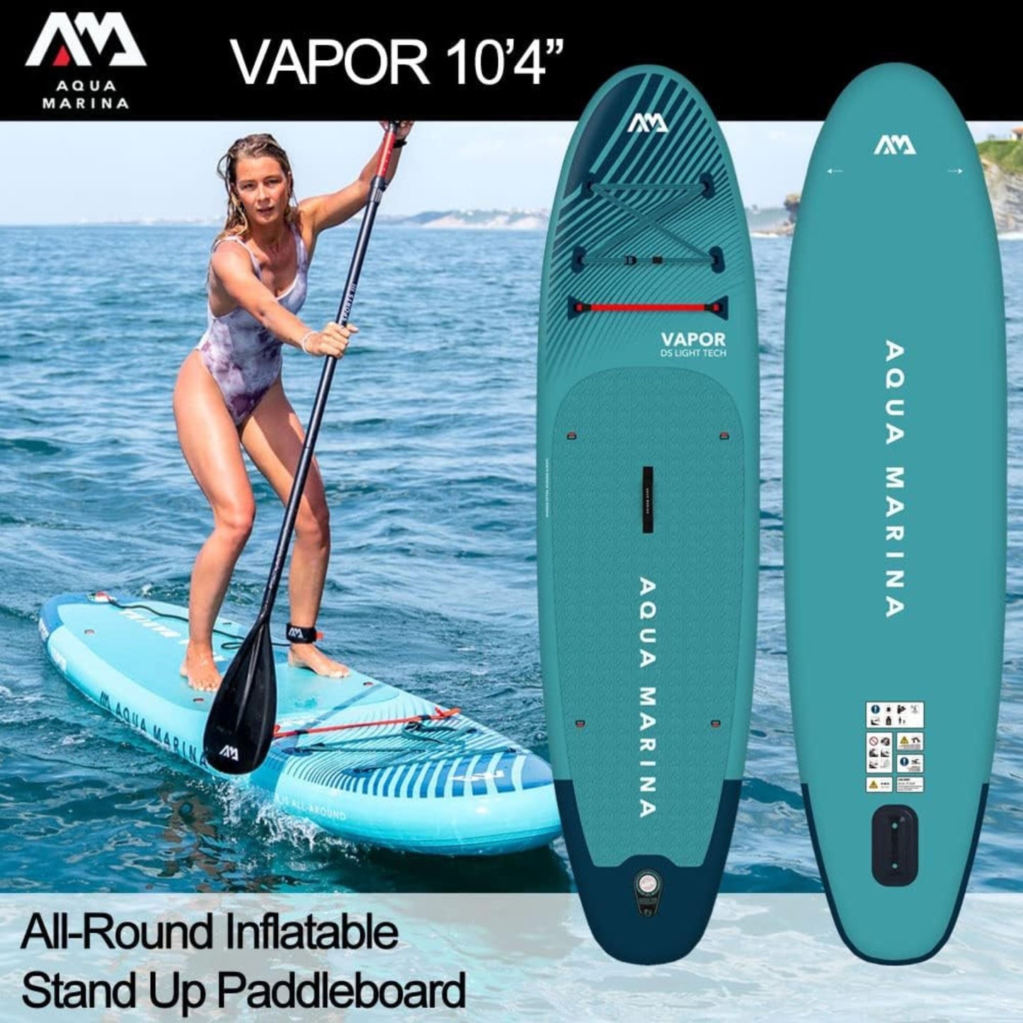 Aqua Marina Vapor Inflatable Paddle Board, Pump, Backpack, Leash, Light Blue