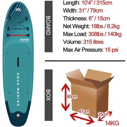 Aqua Marina Vapor Inflatable Paddle Board, Pump, Backpack, Leash, Light Blue